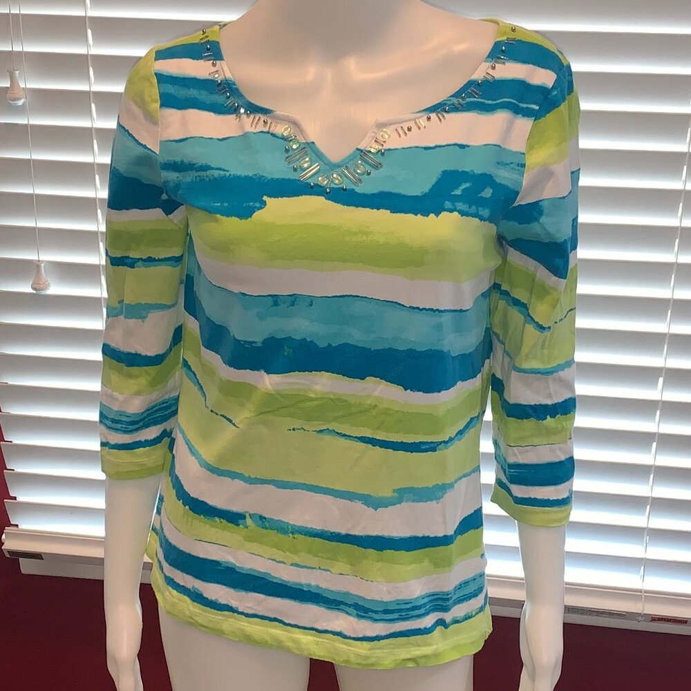 EUC Sapphire Star Women's Medium Top Colorful Green White Blue Stripes + Beads